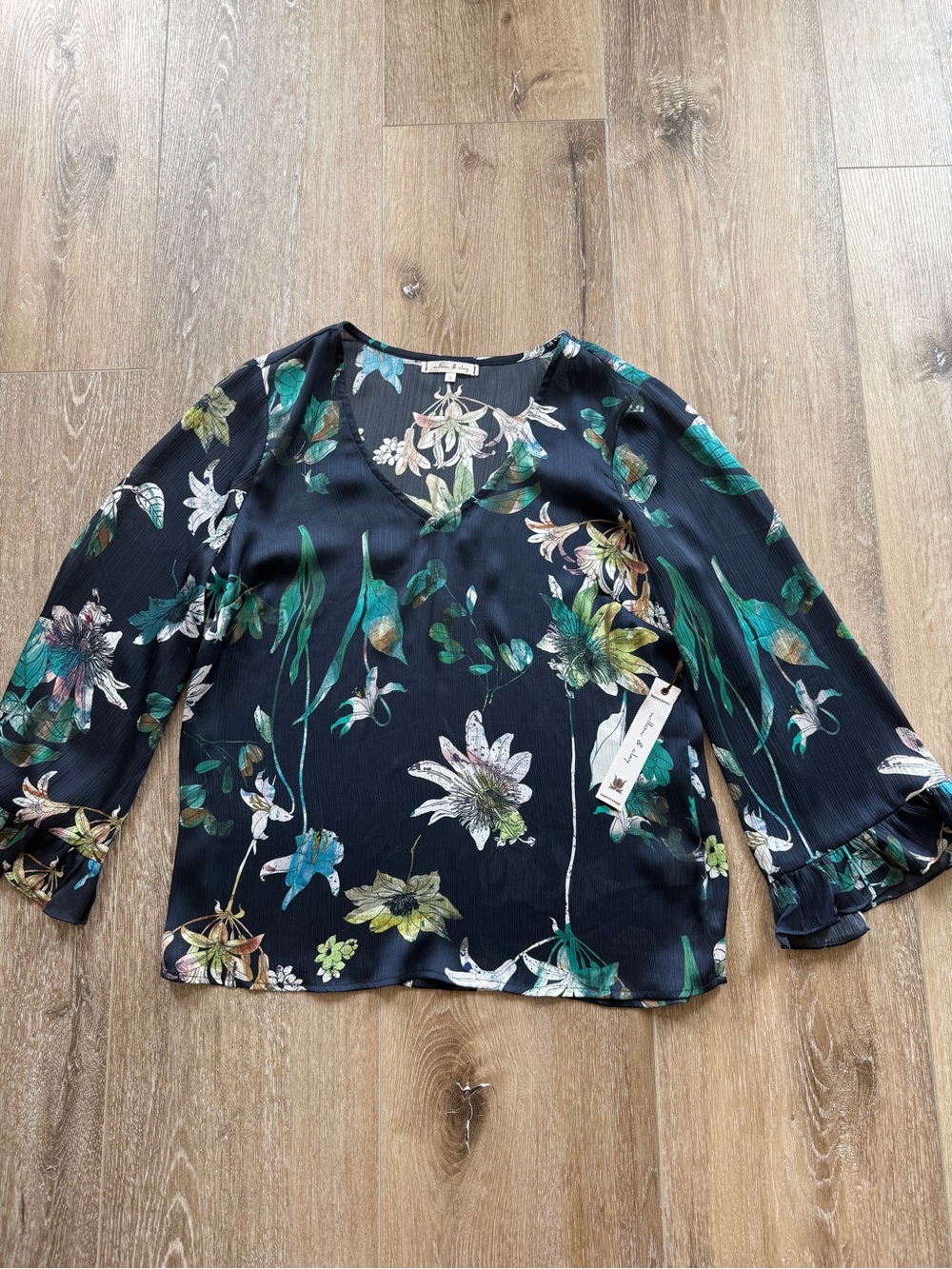 Willow & Clay Navy Floral V-Neck Blouse with Teal & Green Accents